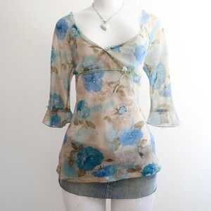 blue floral sheer wrap bell sleeve top